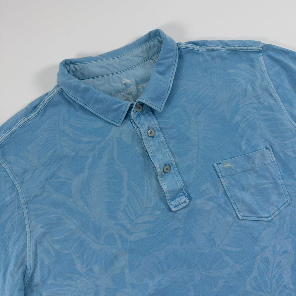 Tommy Bahama Polo Shirt Mens 2XL Blue Tropical Print Pima Cotton Pocket